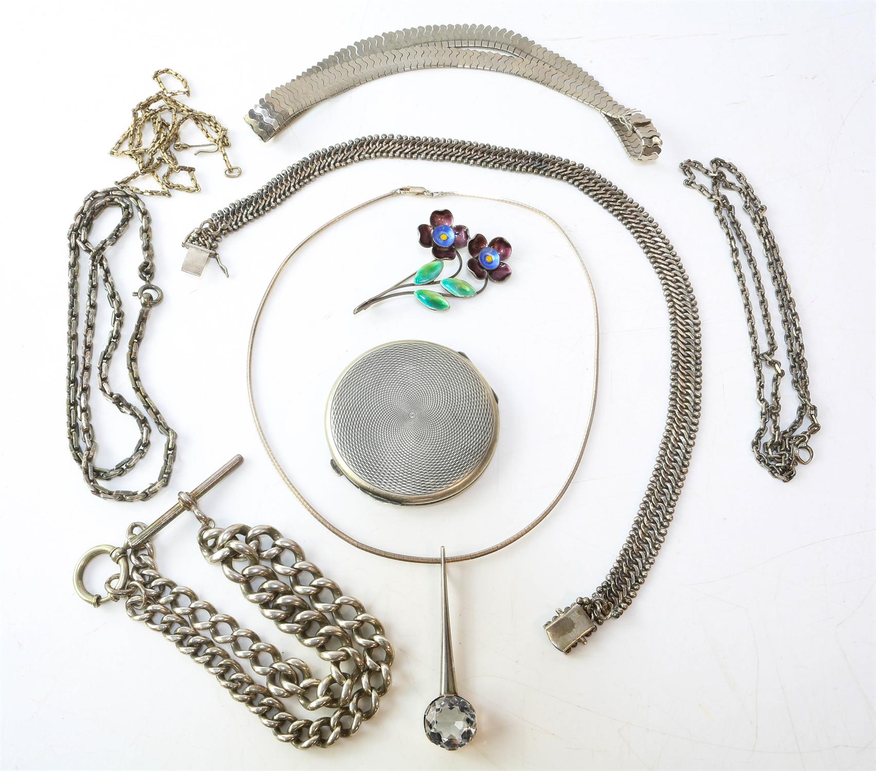 A collection of mainly silver jewellery including a rock crystal quartz pendant and chain, signed N.