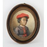 Nineteenth-century British School, oval portrait of a boy in red clothing, watercolour and pencil,