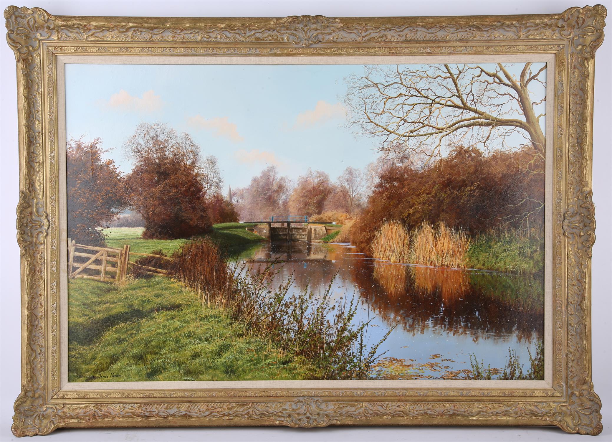 § Michael James Smith (British, contemporary), 'Lock near Langford, Essex', landscape with river to - Image 2 of 3