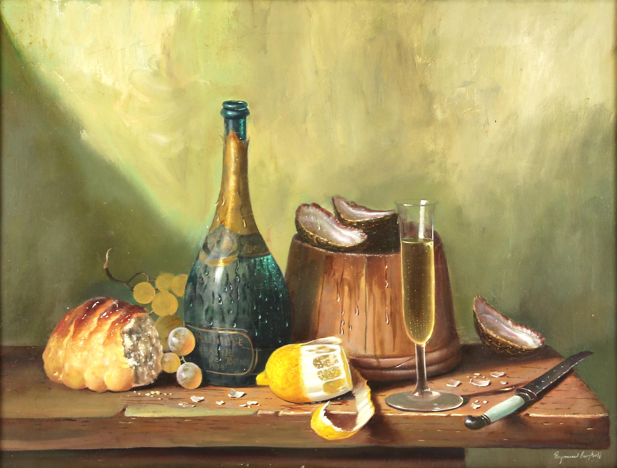 § Raymond Campbell (British, b. 1956), still life with champagne bottle and oysters, oil on canvas,