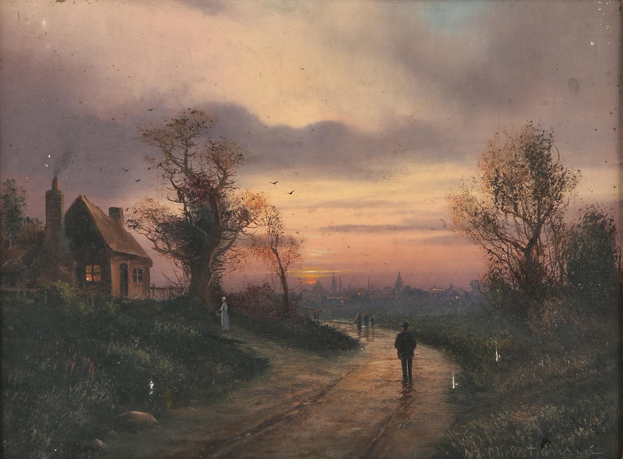 Nils Hans Christiansen (Danish, 1850-1922), nocturnal landscape with lane to foreground,