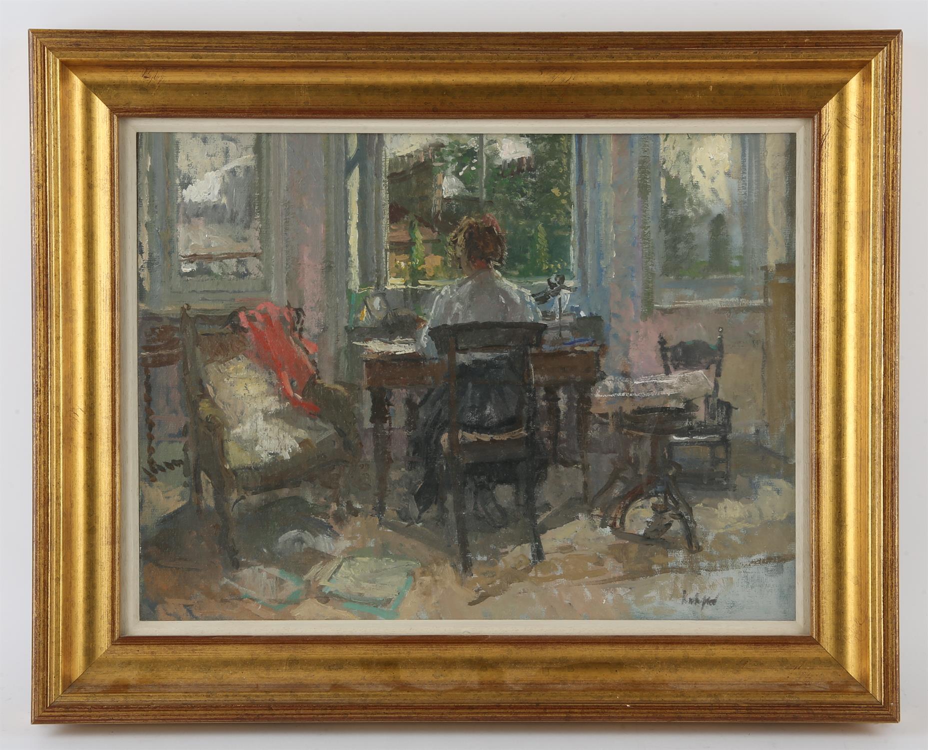 § Peter Kuhfeld (British, b. 1952), 'Kathryn', interior scene, oil on board, signed lower right, - Image 2 of 4