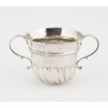 Late George I / early George II porringer with reeded, gadrooned and engraved decoration and two