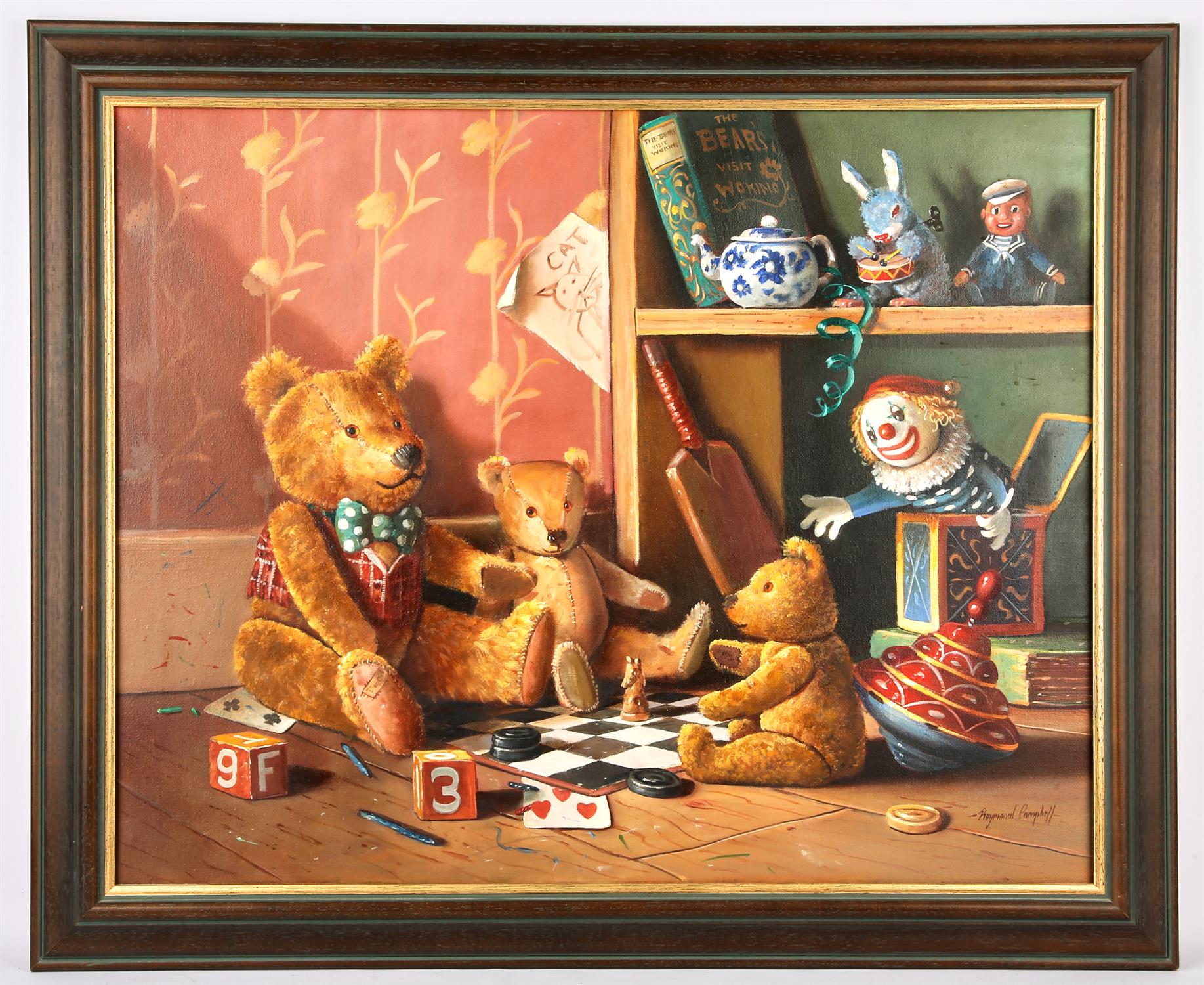 § Raymond Campbell (British, b. 1956), still life with teddy bears and cricket bat, oil on canvas, - Image 2 of 4