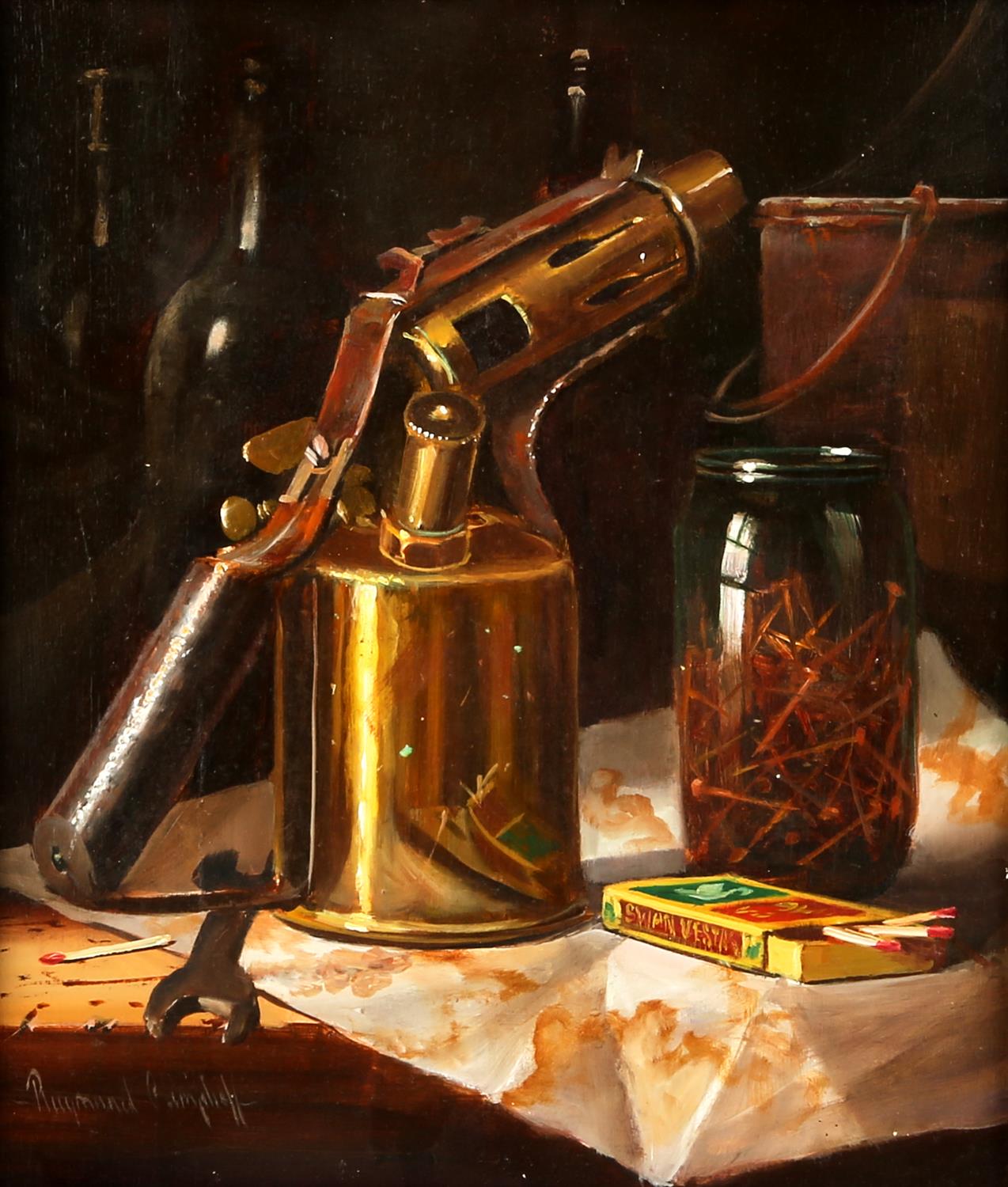 § Raymond Campbell (British, b. 1956), still life with blow-torch and matches, oil on panel,