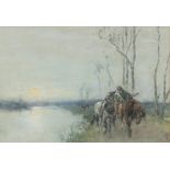 British School, c. 1900, landscape with river and horses to foreground, watercolour,