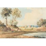John Varley (British, 1778-1842), landscape with lake to foreground, watercolour, 8 x 11.5cm,