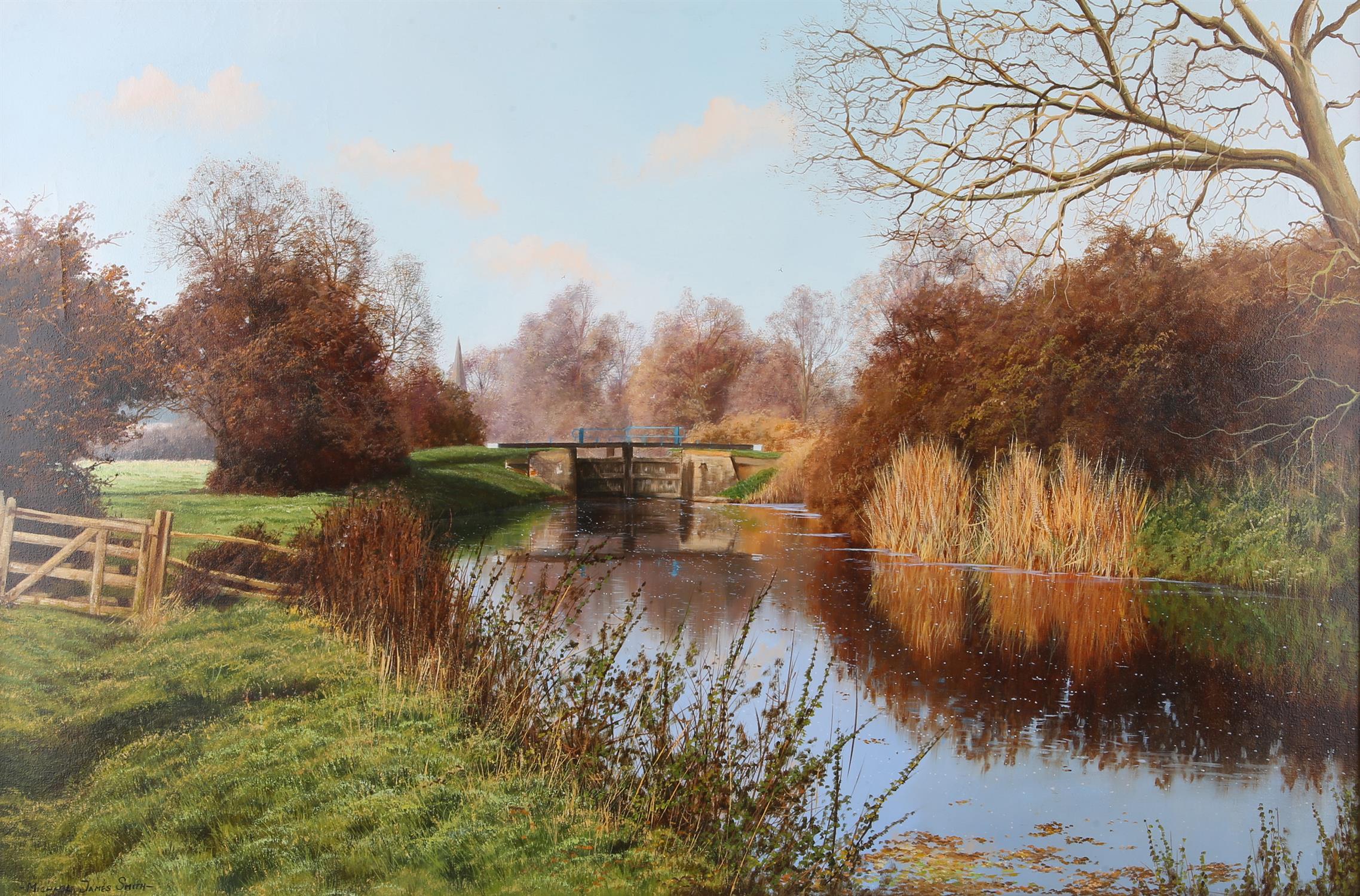 § Michael James Smith (British, contemporary), 'Lock near Langford, Essex', landscape with river to