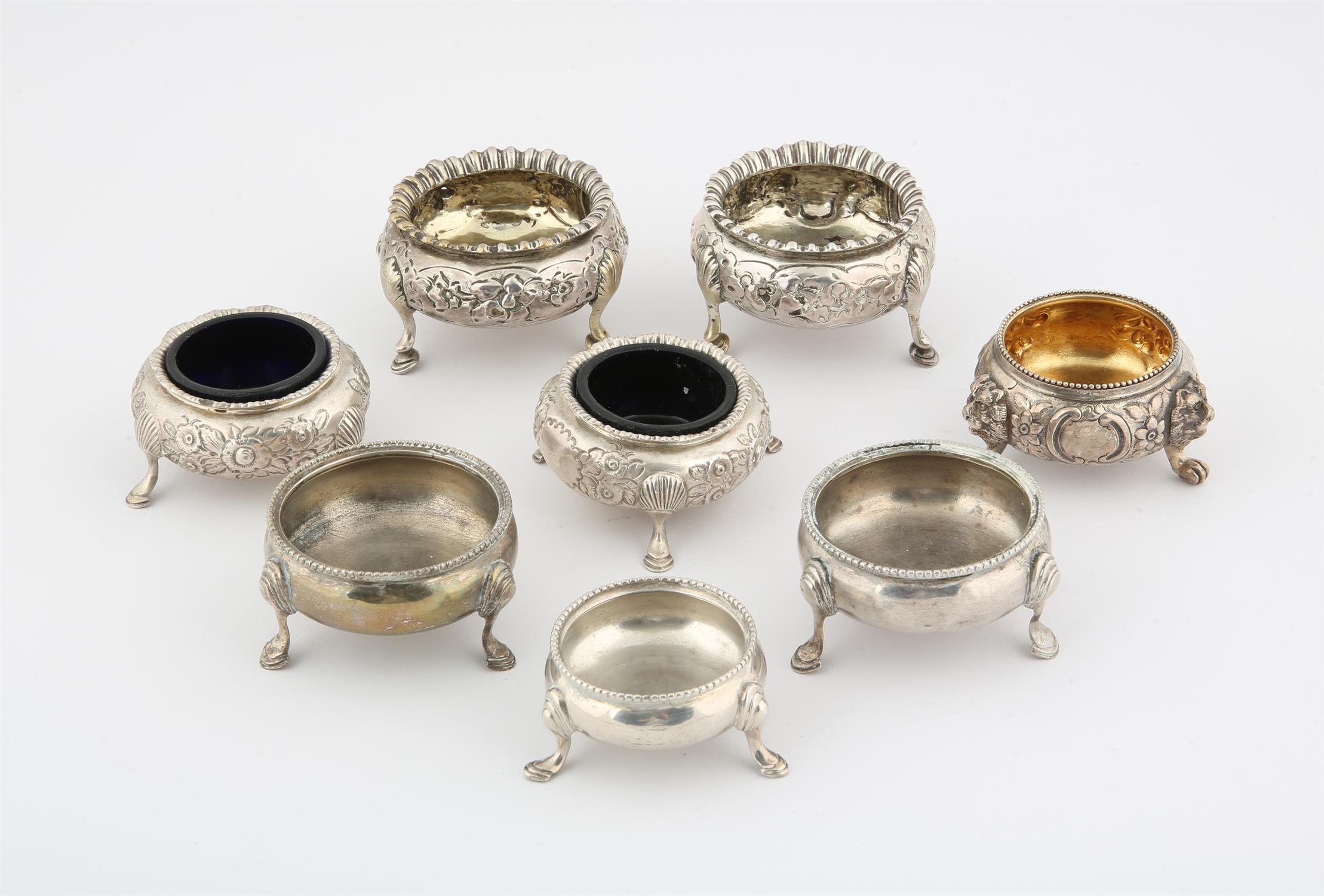 Eight Hallmarked Silver Salts, Various dates and makers, Three Pairs and two single.