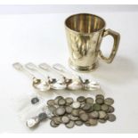 AMMENDED SPOONS ARE PLATED ,WEIGHT REDUCED .Collection approx. 43 silver 3d pieces various dates,