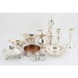 George V silver sugar castor London 1931, two sauce boats, cream jug, Art Nouveau pierced bon-bon