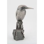 Large silver covered model of a kingfisher sat on a stump. 23cm tall, gross weight 920 grams by CS,