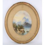 Nineteenth-century British School, oval highlands scene with cattle to foreground, watercolour,