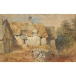 Henry Warren (British, 1794-1879), rural landscape with figures outside a thatched cottage,