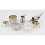 Small silver items to include circular chased and embossed bowl by Charles Stuart Harris,