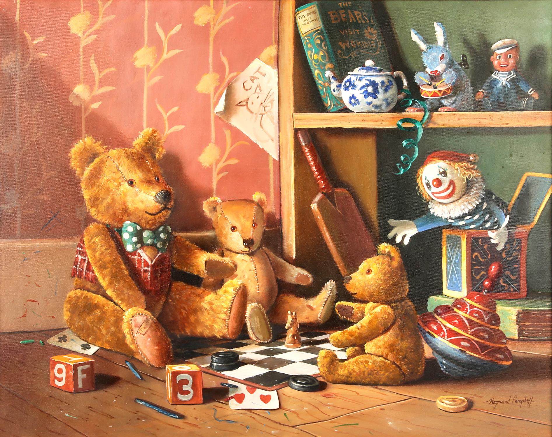 § Raymond Campbell (British, b. 1956), still life with teddy bears and cricket bat, oil on canvas,