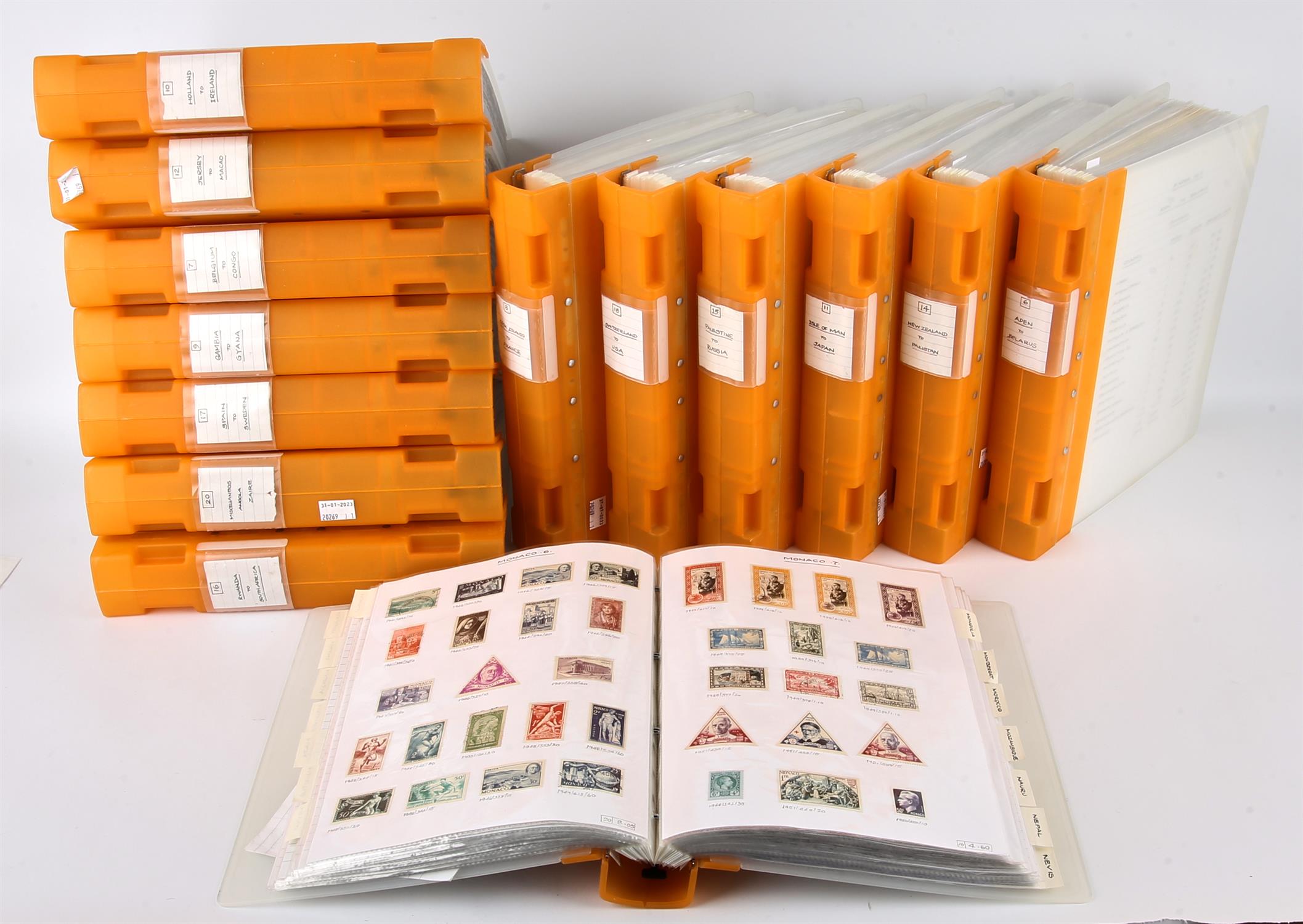 Albums(14) with orange spine, World Stamps, Mint and Used, with Bechuanaland, Canada, China, Cyprus,