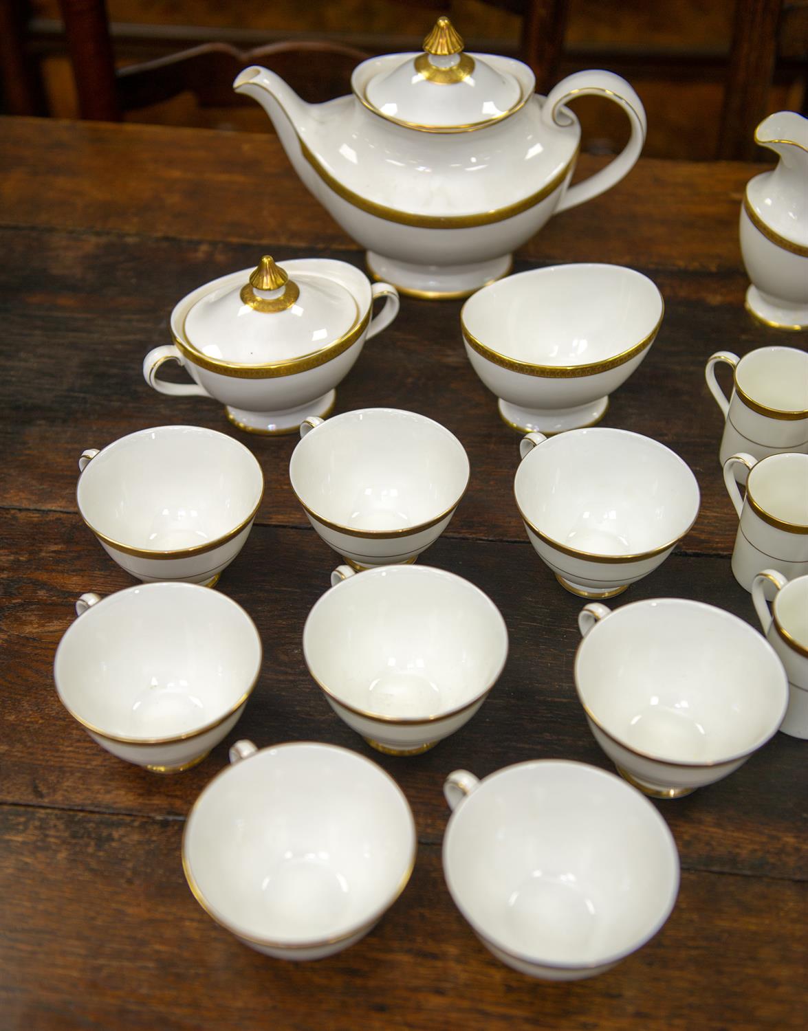 Royal Doulton Royal Gold part dinner and coffee service, printed marks to base, to comprise tea pot - Image 3 of 5