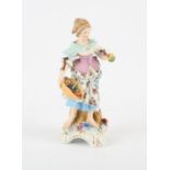 Pair of continental porcelain figures boy with pan pipes carrying a goat and a fruit seller,