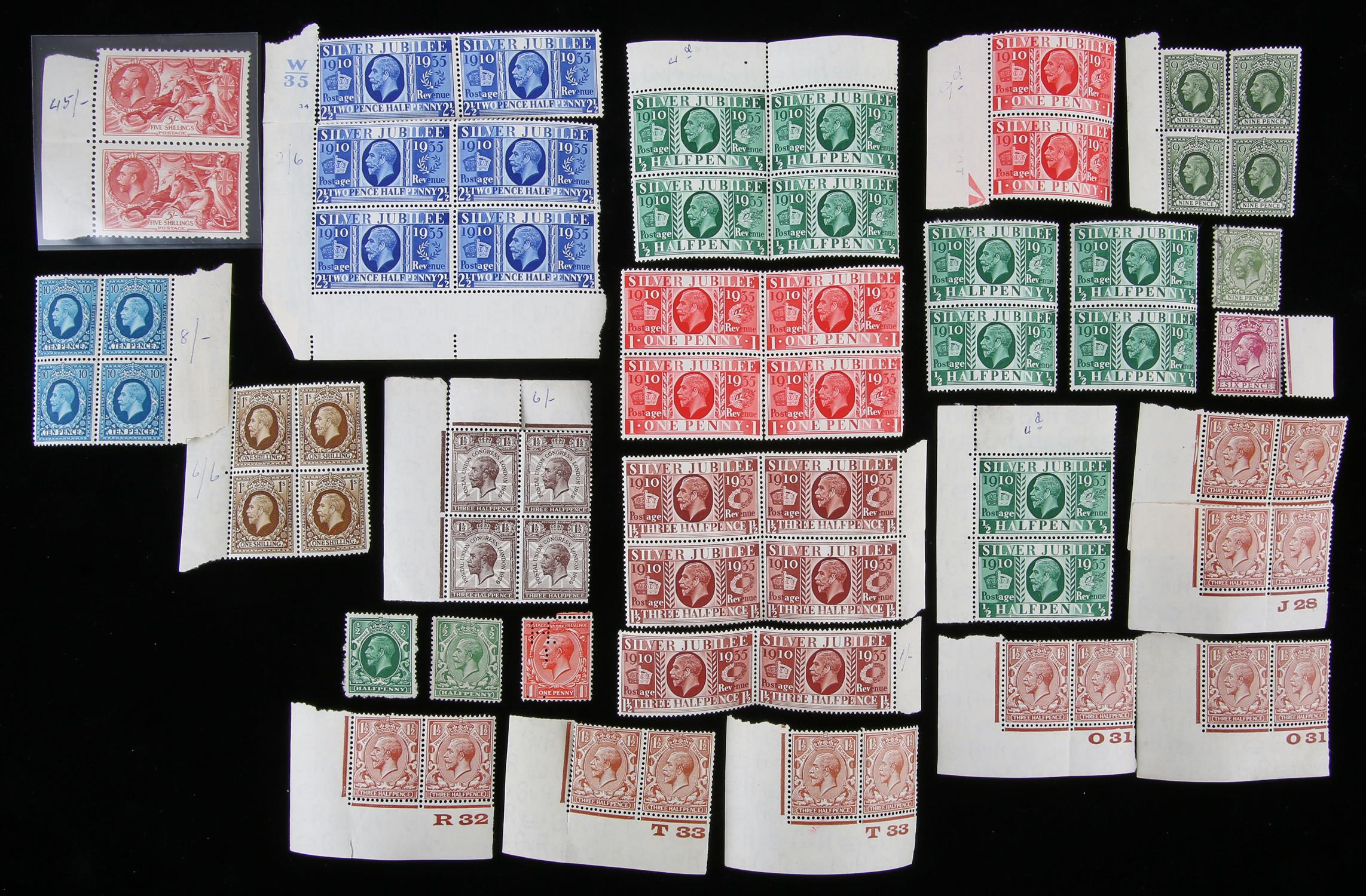 Great Britain 1924 block cypher with 1 1/2d control pairs, 1934 photogravure 9d, 10d,