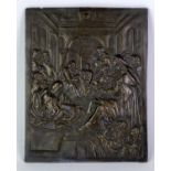 A bronze plaque, 18th/19th Century, moulded in relief with a scene in a temple, possibly