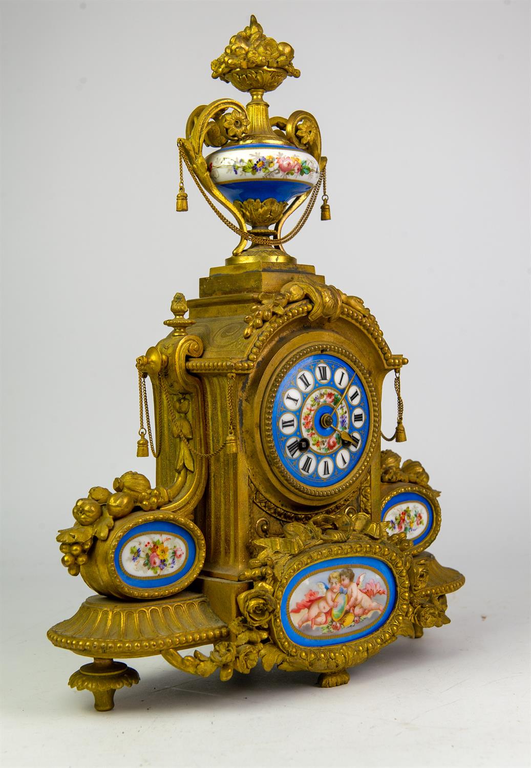French spelter and Sevres style porcelain mantel clock, 19th Century, the case with urn finial and - Image 2 of 4