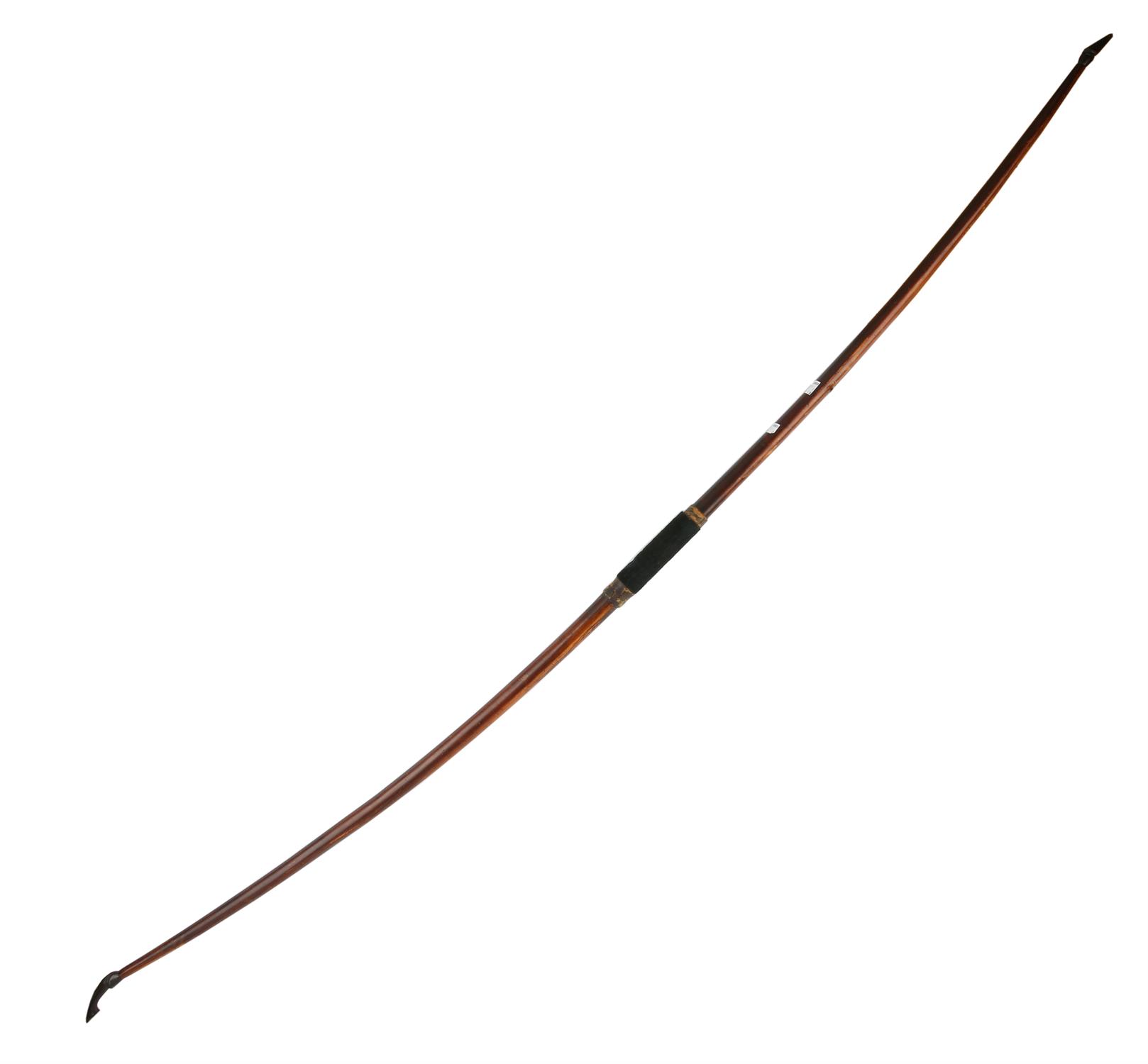 A yew wood and horn longbow, 19th Century, with a piled material grip, 190cm long