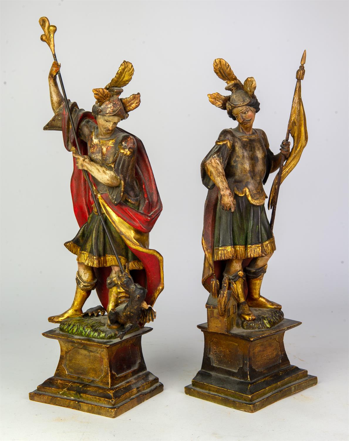 A pair of Continental carved and decorated wood figures of Saint George and Saint Florian, - Image 2 of 2