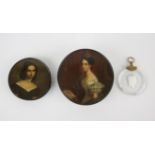 A Stobwasser papier mache circular box, painted to the cover with a portrait of Victoria,