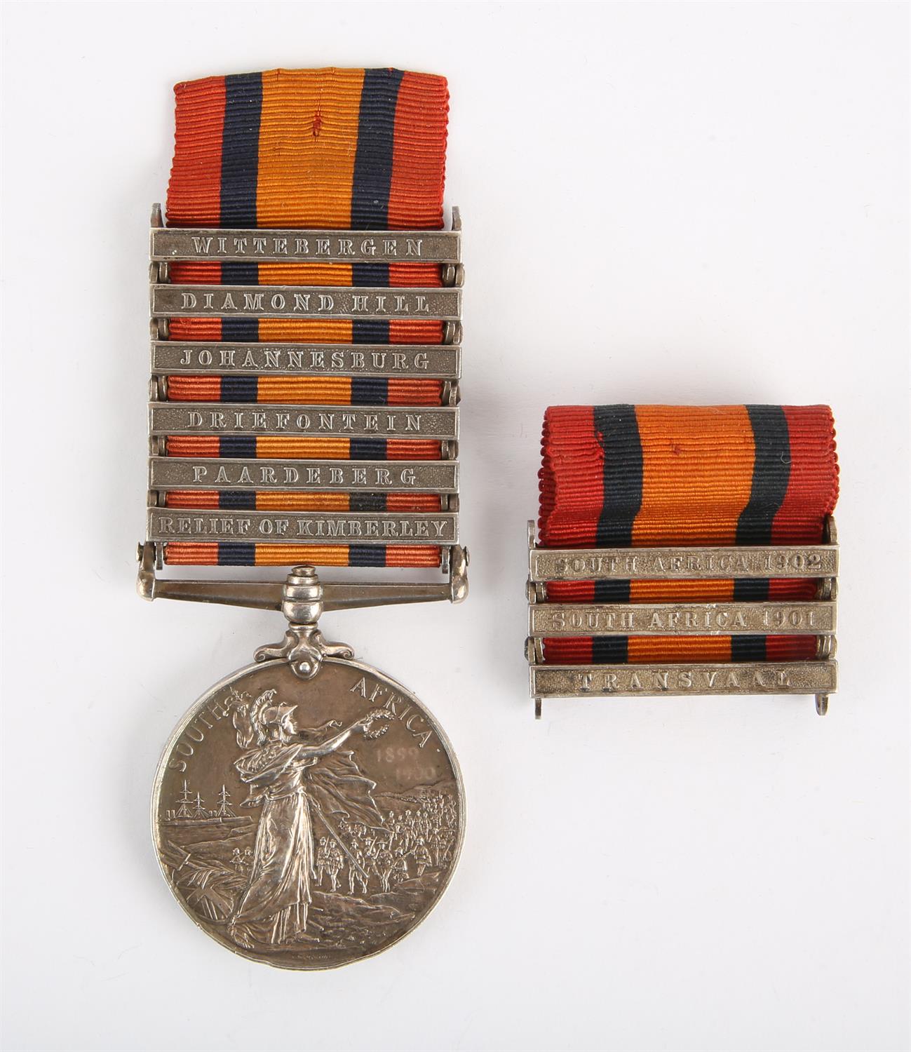 Queens South Africa Medal, Boer War. Six bars, Wittebergen, Diamond Hill, Johannesburg, Driefontein,