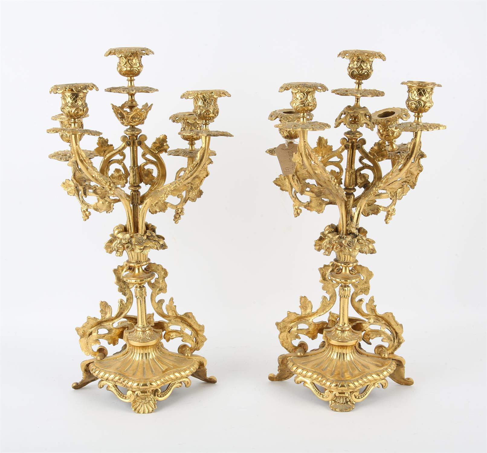 Pair of gilt metal five branch candelabra, 19th Century, with foliate decoration, - Image 2 of 2