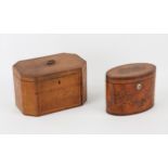 George III tea caddy, of oval form, inlaid with floral swags, with key, 12cm high,