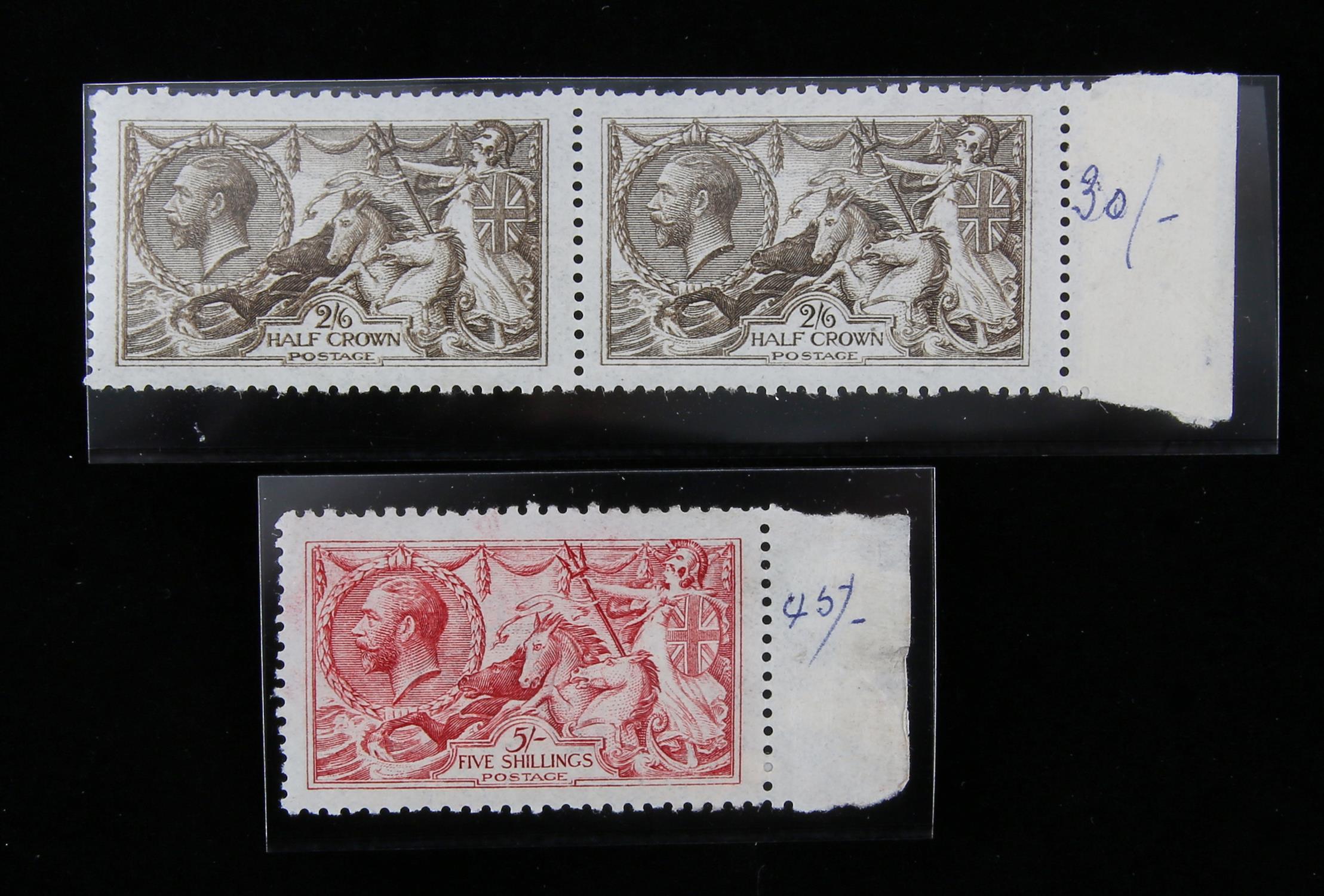 Great Britain 1915 De La Rue seahorse 2 shilling 6d marginal pair and 5 shilling marginal single