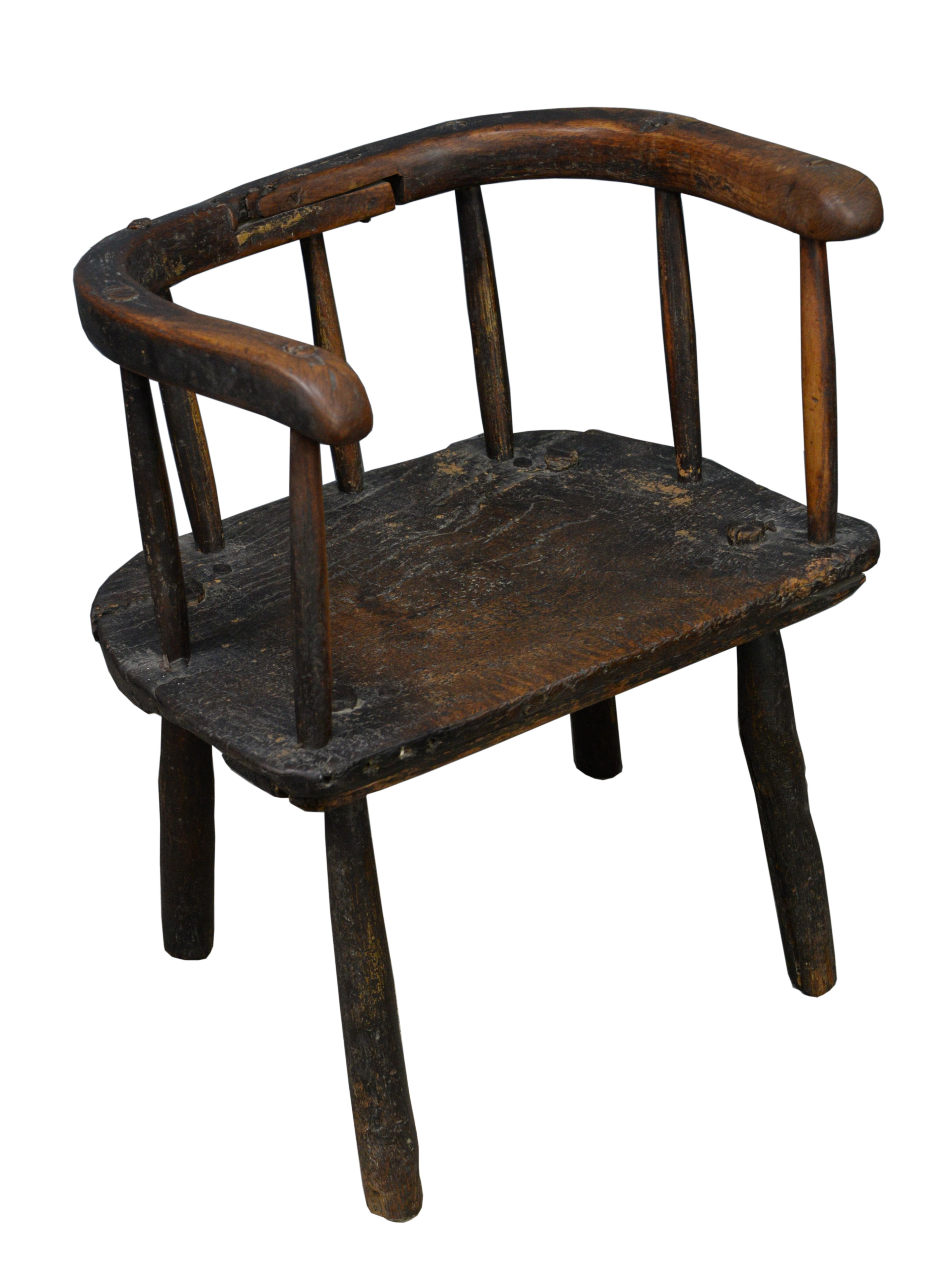 Primitive 18th century ash and elm low back Windsor chair, 66cm high x 54cm wide x 37cm deep,