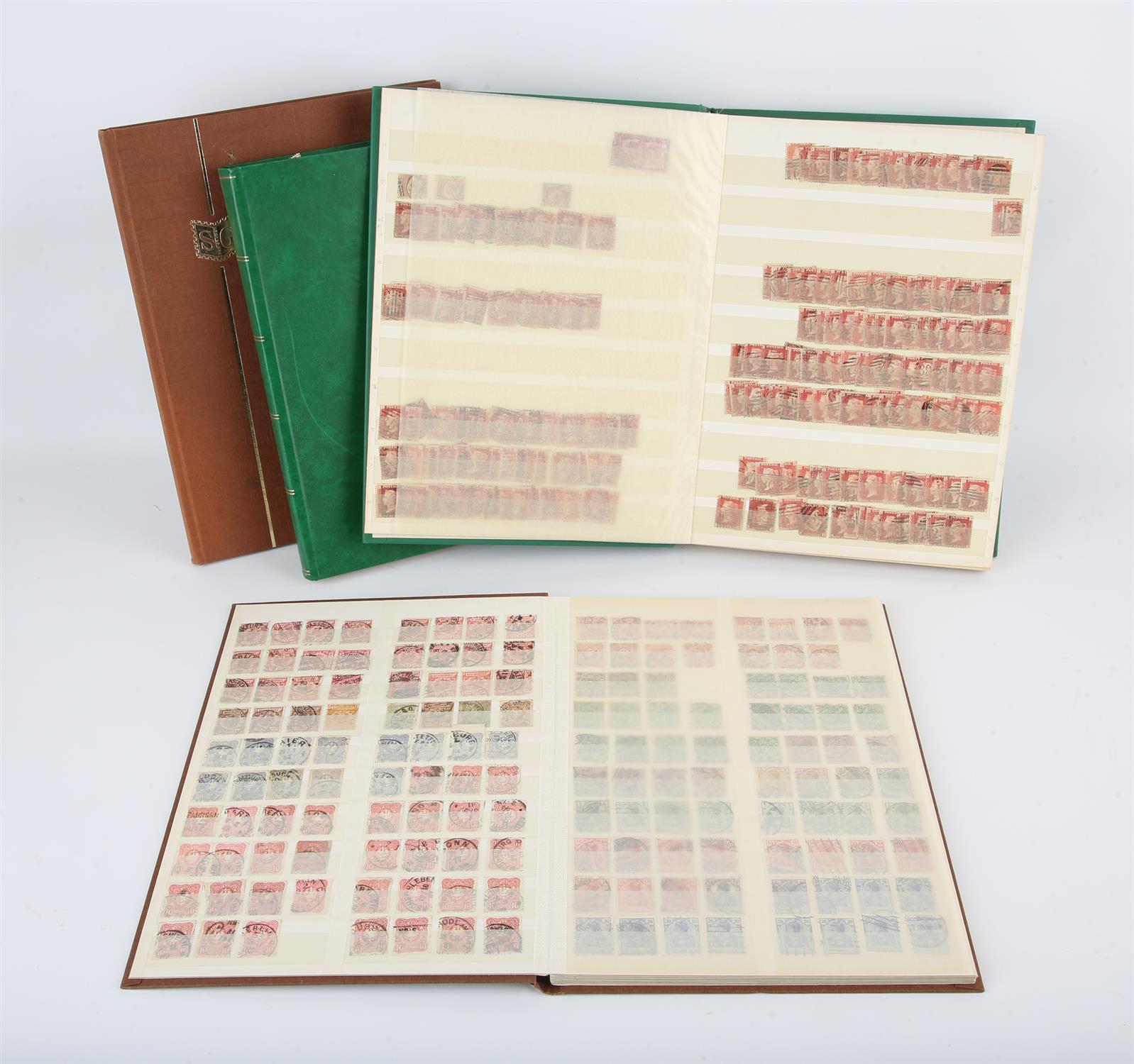 Four stock books of stamps, three English principally Penny Reds (sorted by plate number and