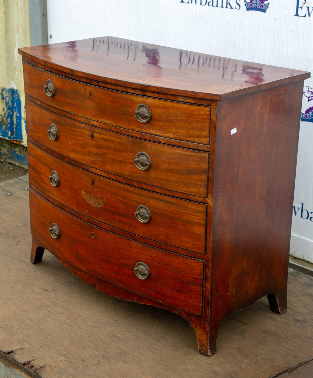 George III mahogany and line inlaid bowfront chest, the top drawer possibly later converted with a - Image 3 of 3