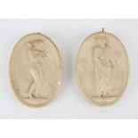Pair of Italian white marble oval Grand Tour plaques of two classically draped figures,