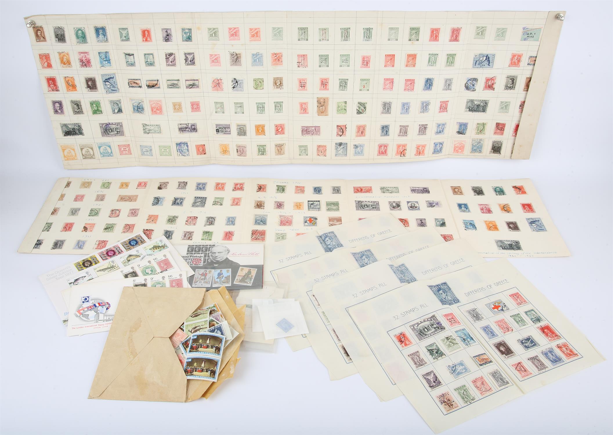 A small group of Greece Stamps, stuck to cards, 1880's - 1930, Great Britain Stamps & First Day