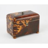 Victorian tortoise shell and ivory tea caddy, with slightly domed top, line inlaid with pewter
