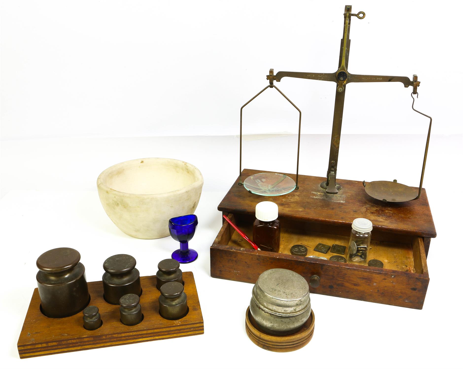 Set of W. T. Avery, Class B balance scales, a set of apothecary scales, various weights, mortars,