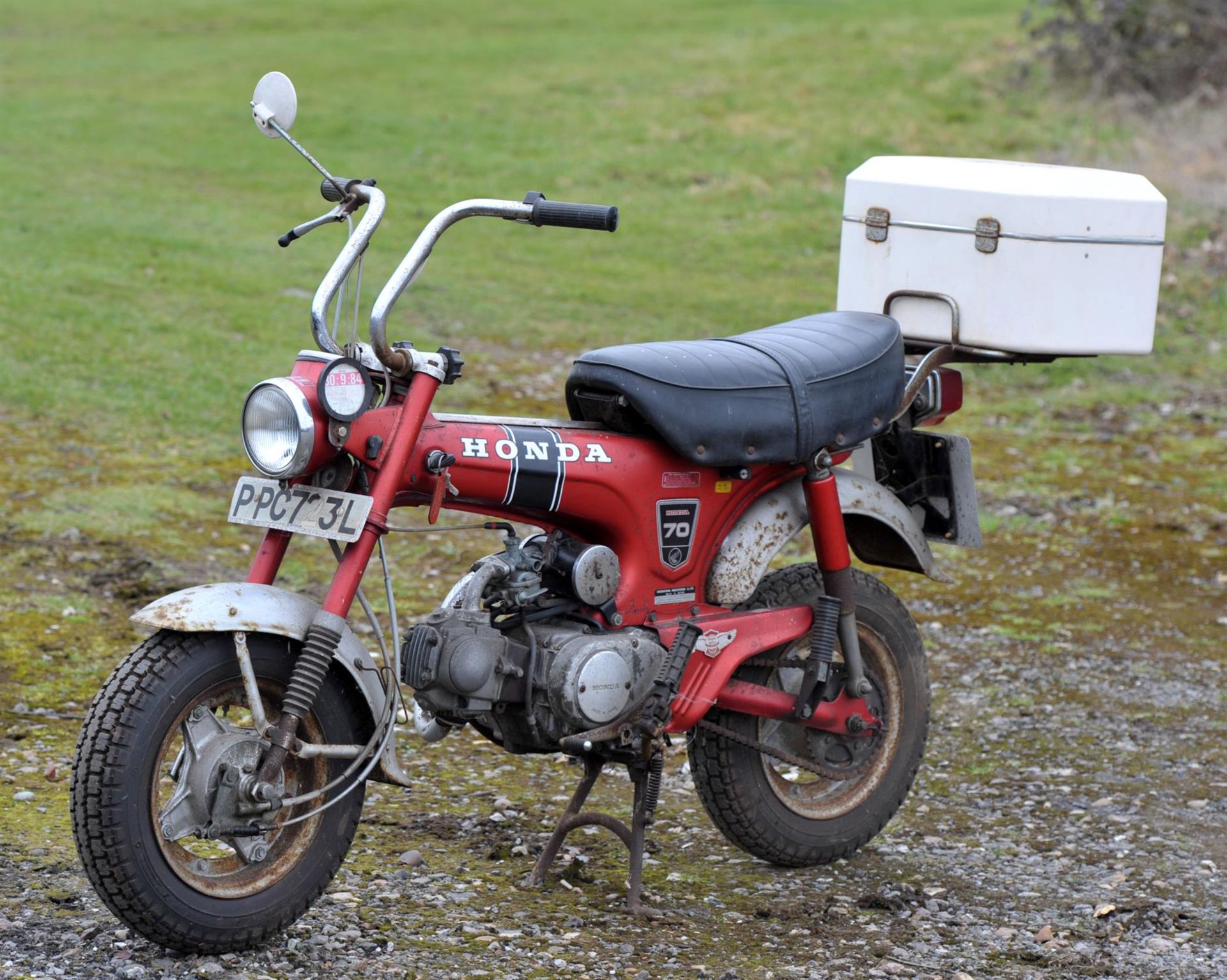 Motor Bike, Honda 70, Monkey Bike, red chassis. Registration number PPC 723L, comes with Original