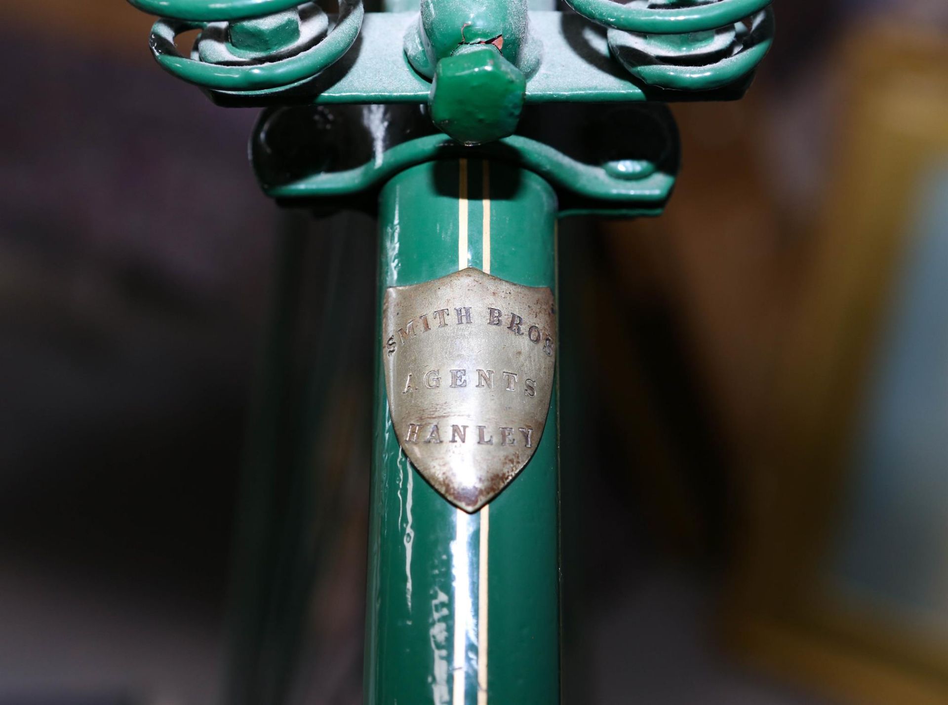 A penny-farthing / ordinary bicycle, with green painted steel frame, applied with shield to - Image 2 of 3
