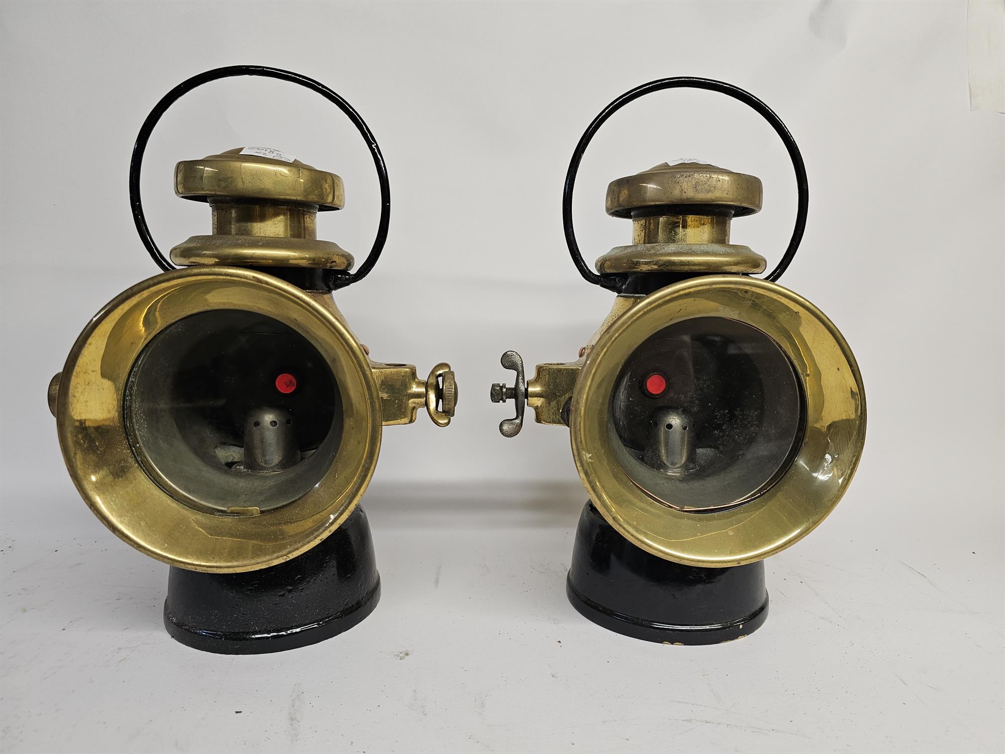 Vintage Pair of Joseph Lucas brass car lamps with loops (2).