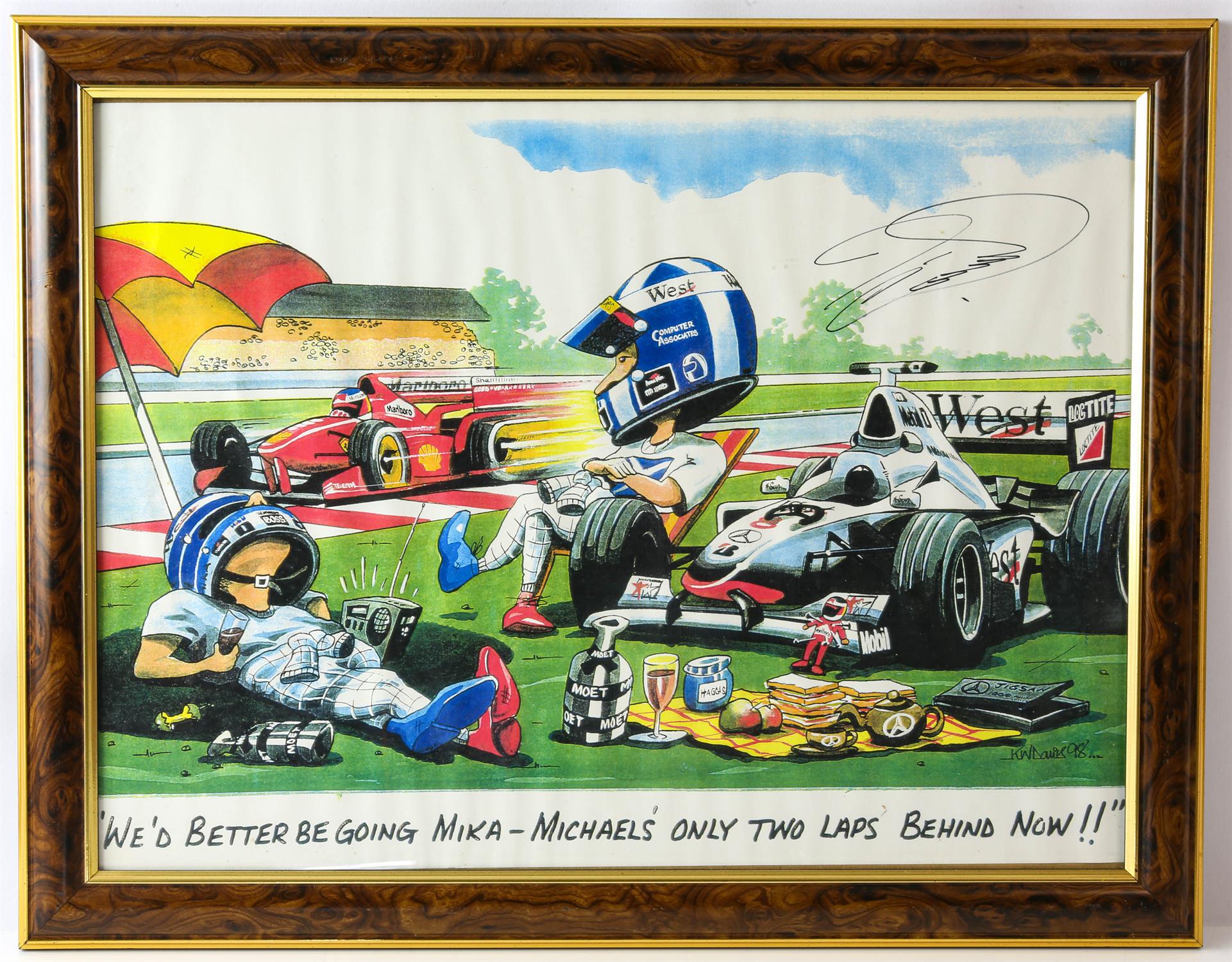 After Keith Davies (British, b.1960) Two F1 Cartoon signed prints – ‘Looks like they’ve fixed das - Image 2 of 2