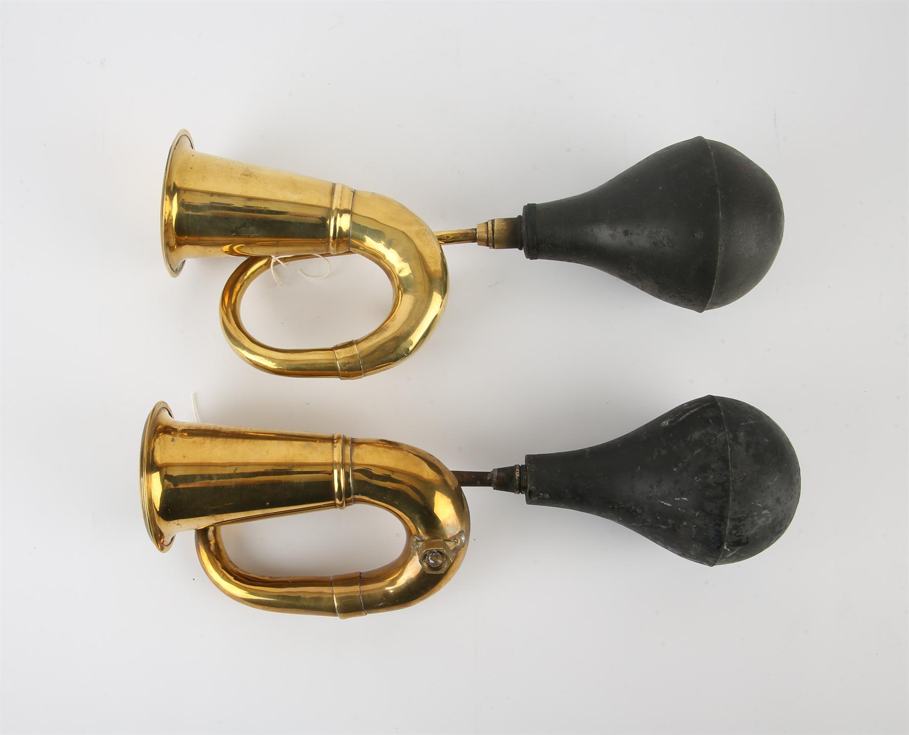 Two Vintage Veteran brass and rubber bulb car horns