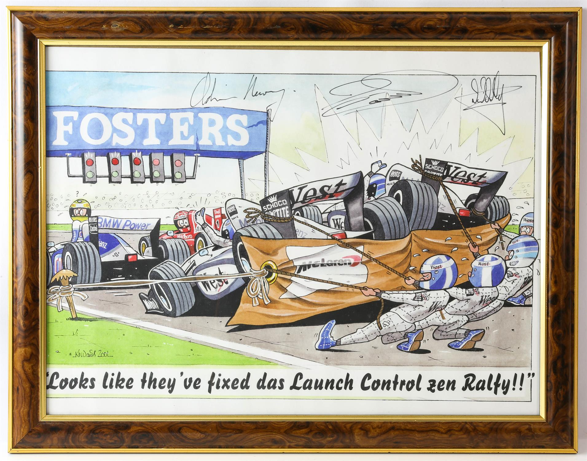 After Keith Davies (British, b.1960) Two F1 Cartoon signed prints – ‘Looks like they’ve fixed das