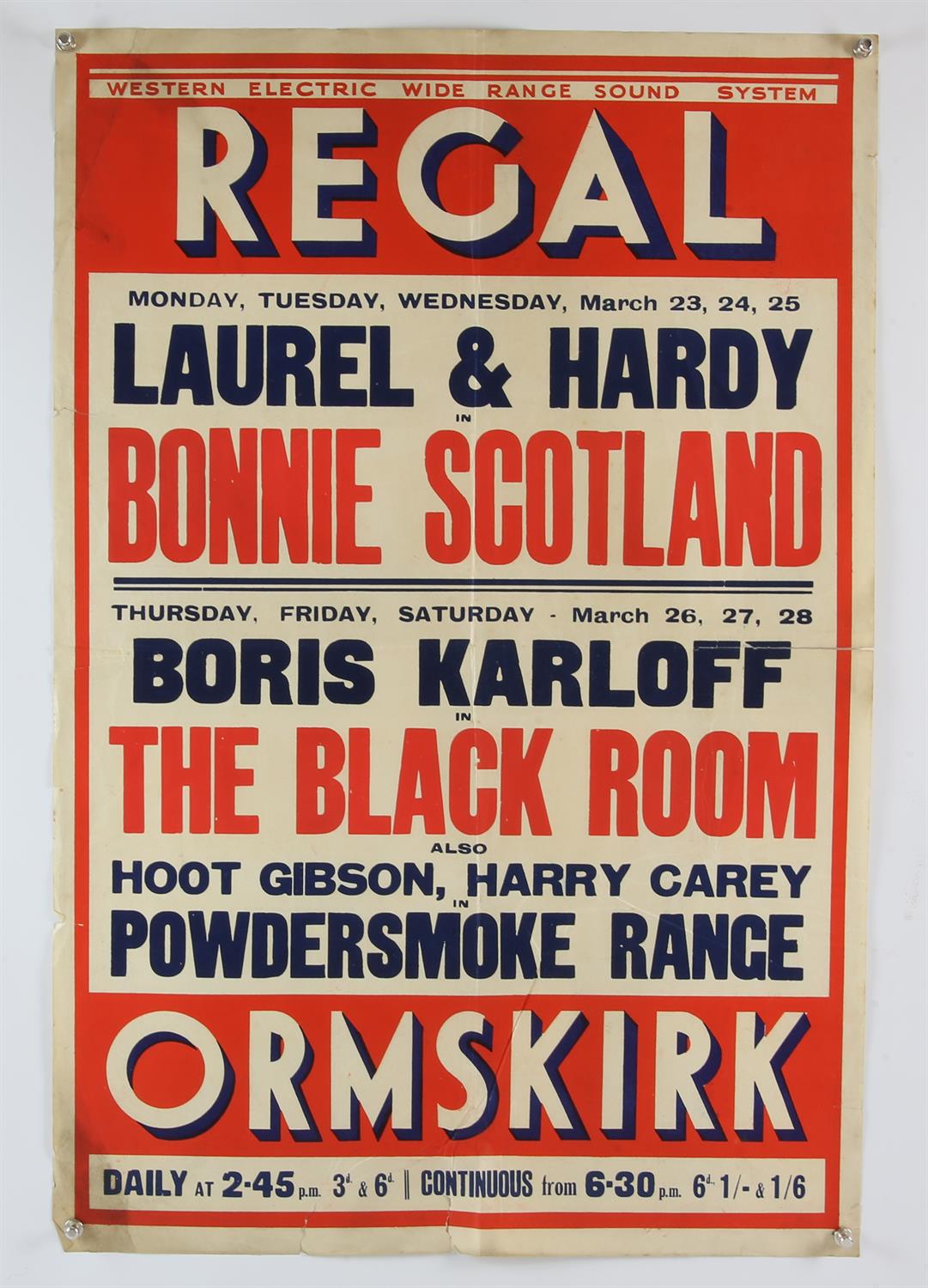 Regal Cinema poster - Laurel & Hardy in Bonnie Scotland, Boris Karloff and others, Ormskirk, folded,
