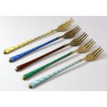 Set of 5 Danish silver and enamel forks.