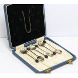 Cased set of silver spoons with sugar tongs, Birmingham 1905.