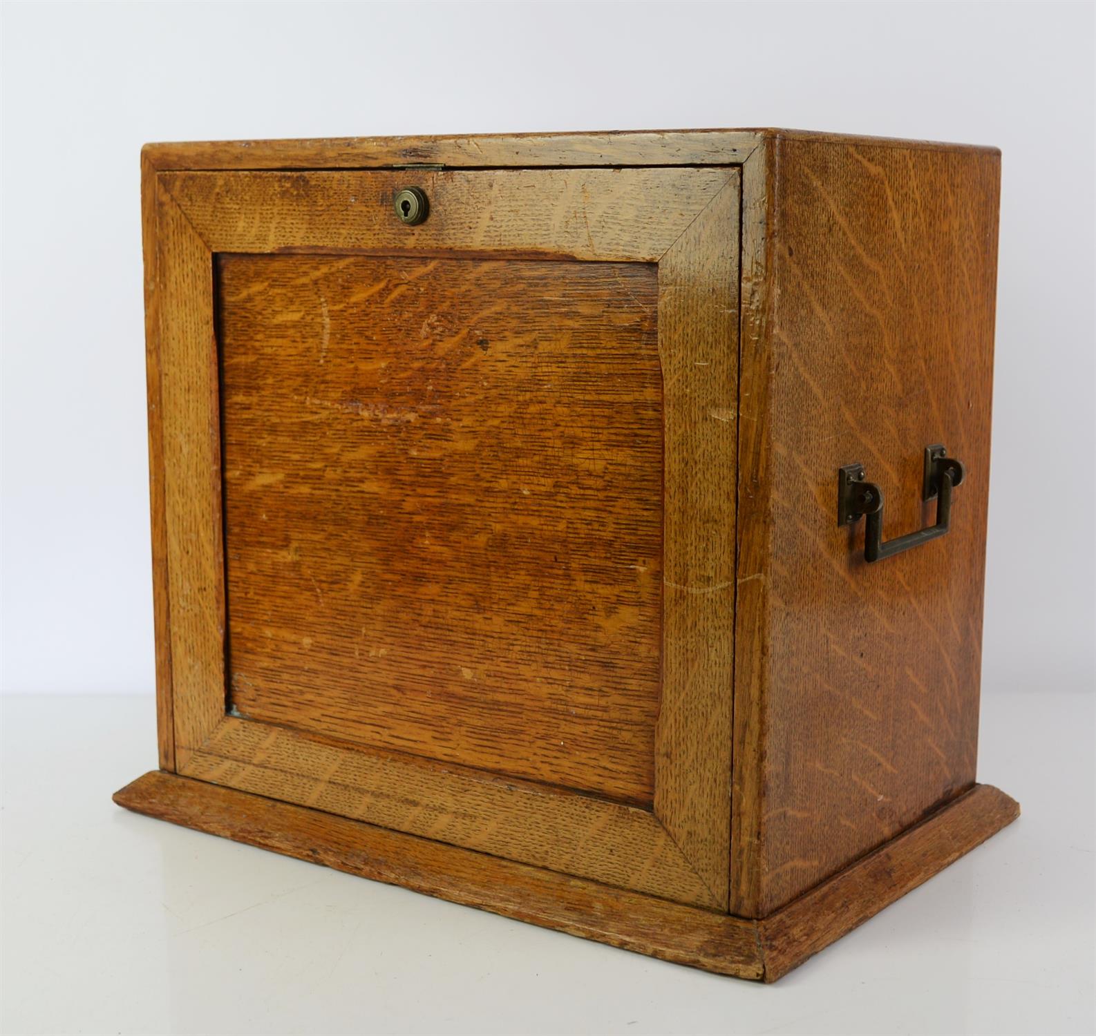 Victorian oak cabinet, with brass carrying handles, probably a stationary cabinet, locked, 36.